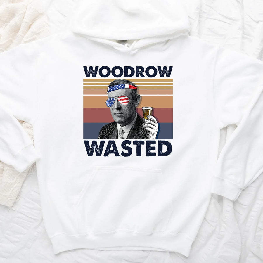 White sweatshirt with a graphic of Woodrow Wilson and the text 'Woodrow Wasted' on a white background.