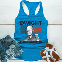 Blue tank top with a graphic of Dwight Eisenhower and text, paired with denim shorts and sandals on a wooden surface.