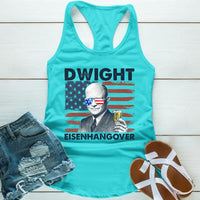 Turquoise tank top with a graphic of Dwight Eisenhower and 'Eisenhangover' text, paired with denim shorts and sandals on a wooden surface.