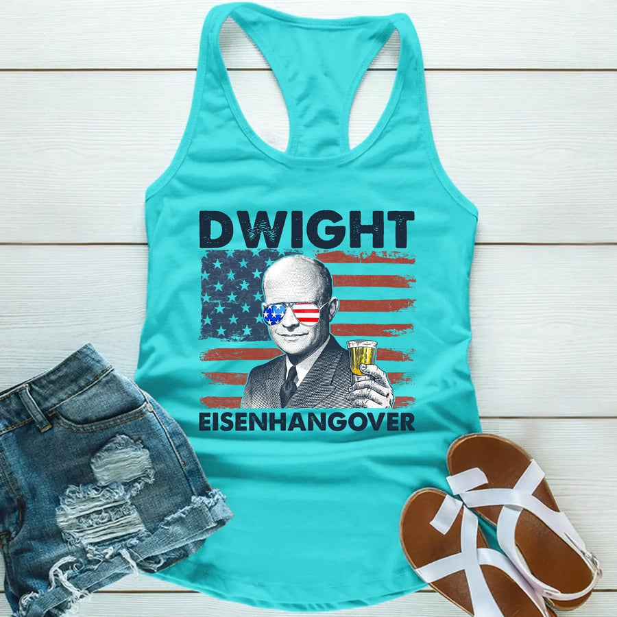Turquoise tank top with a graphic of Dwight Eisenhower and 'Eisenhangover' text, paired with denim shorts and sandals on a wooden surface.