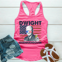 Pink tank top with 'Dwight Eisenhower' graphic and shorts and sandals on a wooden surface