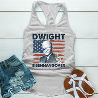 Gray tank top with 'Dwight Eisenhangover' graphic design on a wooden surface with shorts and sandals.