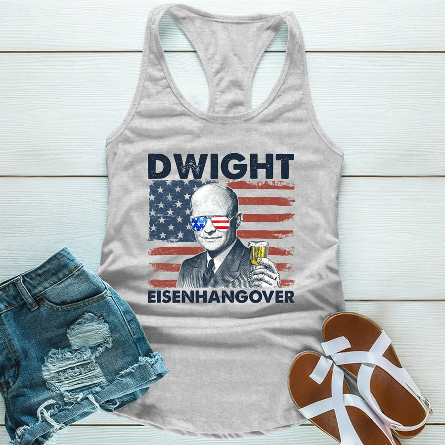 Gray tank top with 'Dwight Eisenhangover' graphic design on a wooden surface with shorts and sandals.