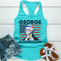 Turquoise tank top with 'George Sloshington' graphic design on a wooden surface, accompanied by denim shorts and sandals.