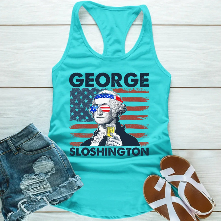 Turquoise tank top with 'George Sloshington' graphic design on a wooden surface, accompanied by denim shorts and sandals.