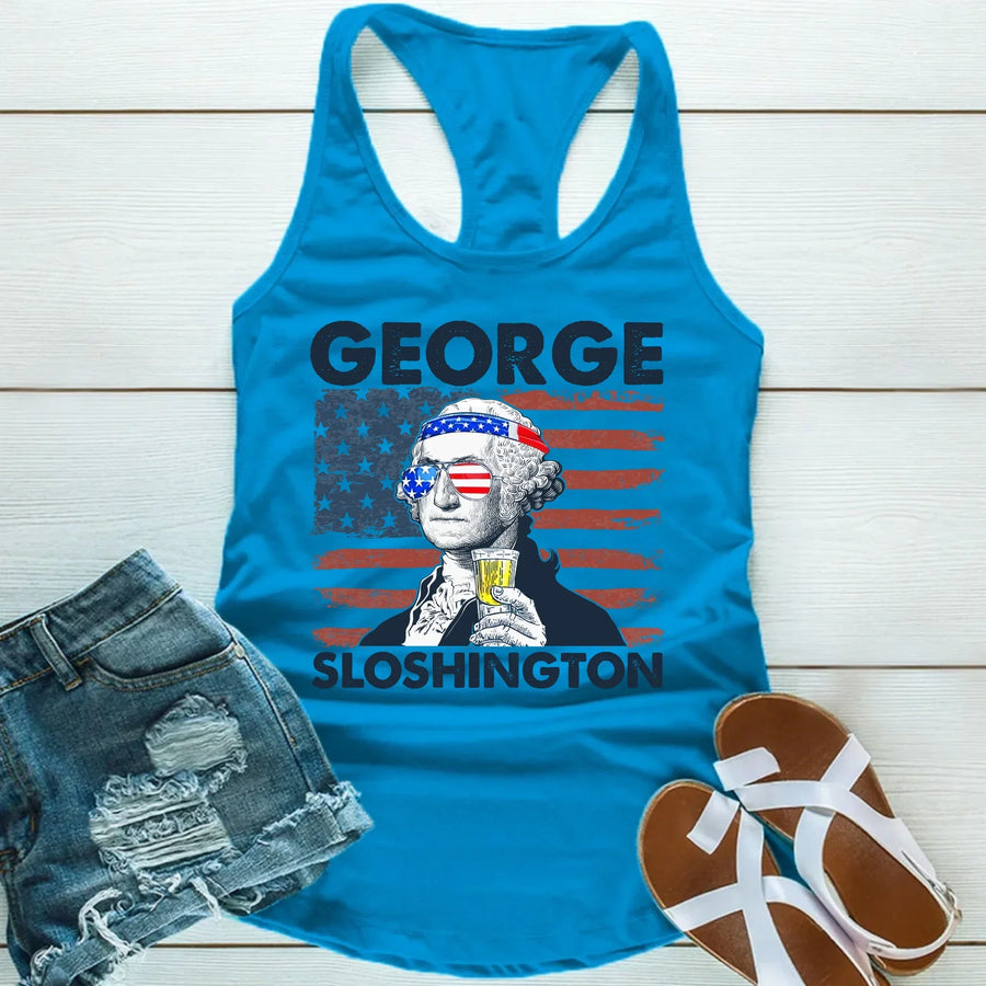 Blue tank top with graphic design of a historical figure and text, paired with denim shorts and sandals on a wooden surface.