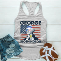 Gray tank top with graphic design of a person holding a drink, American flag, and text 'GEORGE SLOSHINGTON'.