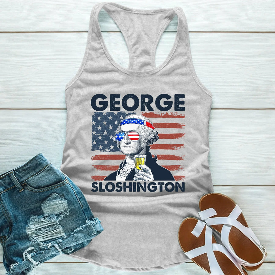 Gray tank top with graphic design of a person holding a drink, American flag, and text 'GEORGE SLOSHINGTON'.