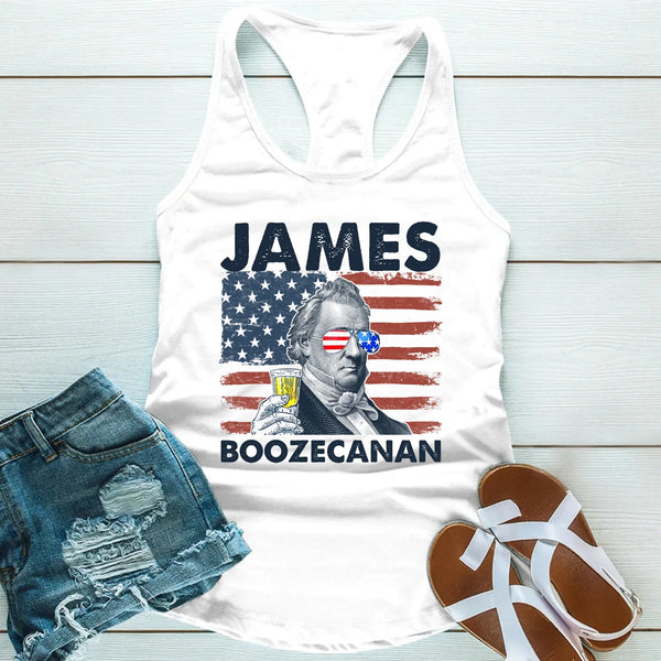 Tank top with 'JAMES BOOZECANAN' graphic on an American flag background, paired with denim shorts and sandals.