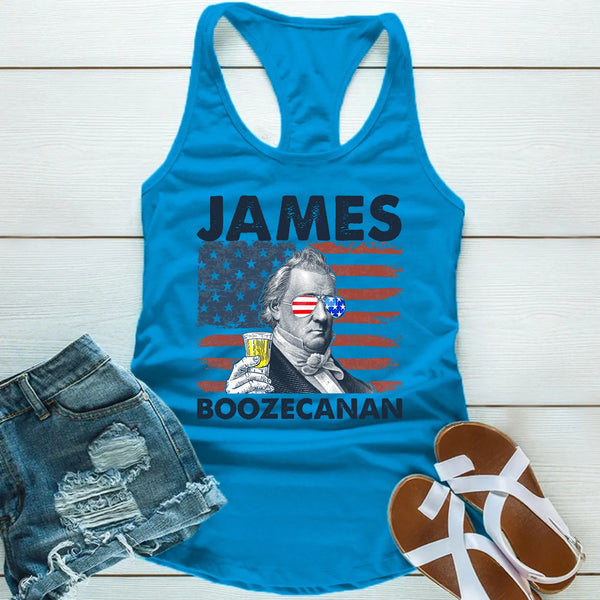 Blue tank top with 'James Boozecanan' graphic on a wooden surface with shorts and sandals.