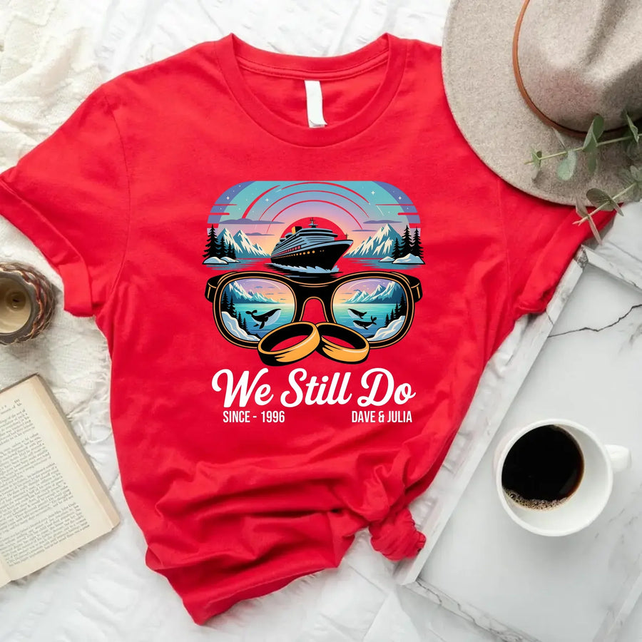 Red custom tee with cruise ship, sunglasses, and wedding rings graphic, We Still Do text