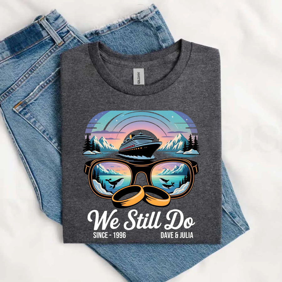Custom tee with cruise ship and wedding rings graphic, anniversary gift shirt, folded on jeans