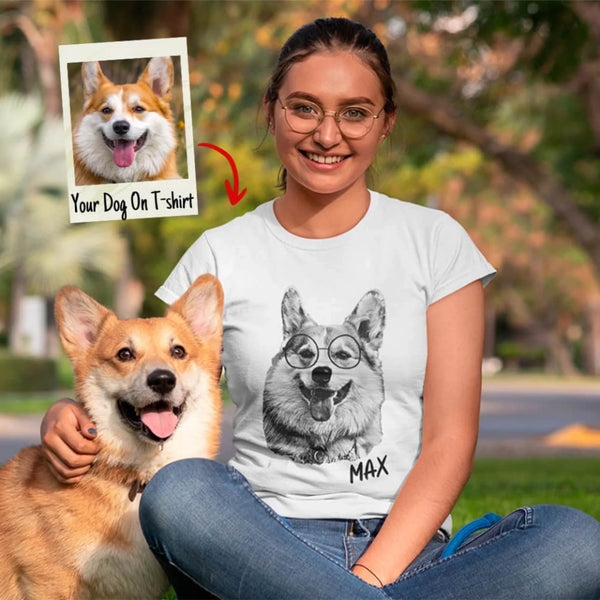 Person wearing a t-shirt with a dog graphic and a photo of a dog on a separate card.