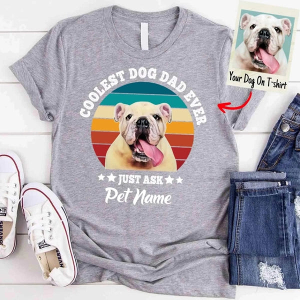 Personalized Coolest Dog Dad Ever Custom Dog Photo T-shirt_grey