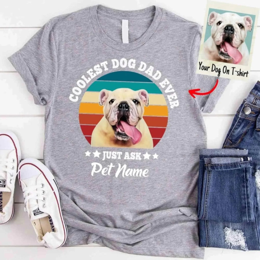 Personalized Coolest Dog Dad Ever Custom Dog Photo T-shirt_grey