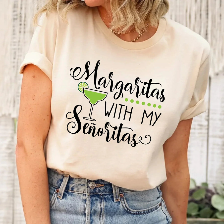 May include a Margaritas With My Señoritas matching t-shirt with colorful margarita-themed text and graphic, displayed flat or styled with fiesta props.