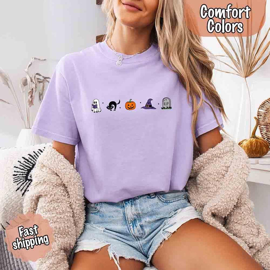 May include cute Halloween icons with ghost reading a book, black cat, jack-o’-lantern pumpkin, purple witch hat, and RIP gravestone.