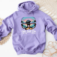 Lavender hoodie with cruise ship and sunglasses graphic, personalized anniversary design