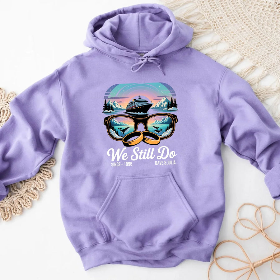 Lavender hoodie with cruise ship and sunglasses graphic, personalized anniversary design
