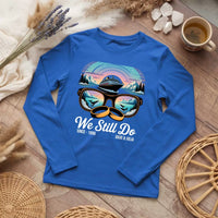 Blue custom tee with cruise ship, sunglasses, wedding rings, and 'We Still Do' graphic