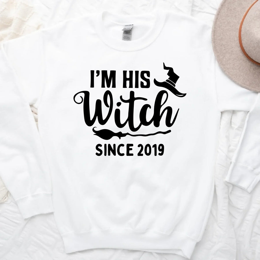 White Halloween t-shirt with 'I'm his witch since 2019' text