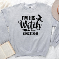 Gray halloween sweatshirt with 'I'm his witch since 2019' text