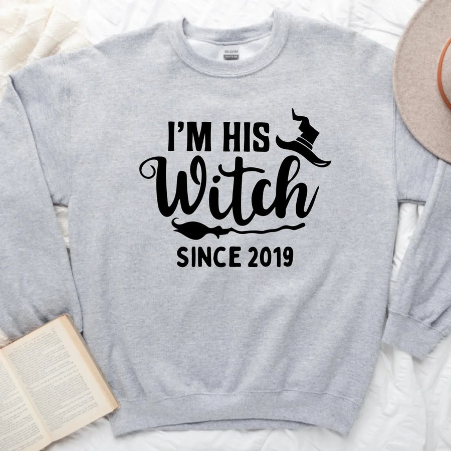 Gray halloween sweatshirt with 'I'm his witch since 2019' text