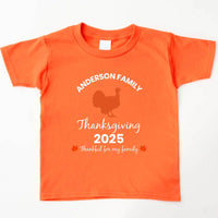 May include matching family t-shirts with a Thankful Fall theme, personalized with individual names, designed for Thanksgiving gatherings.