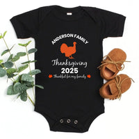May include matching family t-shirts with a Thankful Fall theme, personalized with individual names, designed for Thanksgiving gatherings.