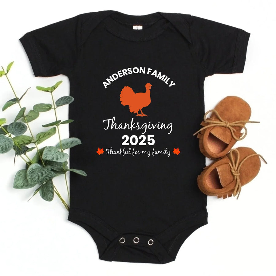 May include matching family t-shirts with a Thankful Fall theme, personalized with individual names, designed for Thanksgiving gatherings.