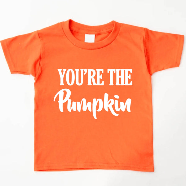 Orange t-shirt with 'YOU'RE THE Pumpkin' text on a white background