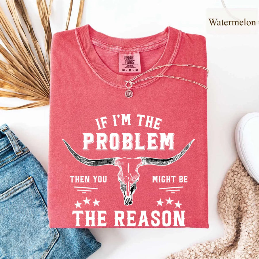 May include a Comfort Colors unisex Western shirt with “If I’m The Problem Then You Might Be The Reason” text, styled with vintage country flair.