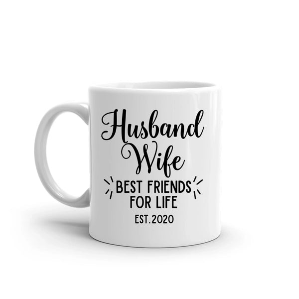 White mug with black text 'Husband Wife Best Friends for Life Est. 2020' on a white background