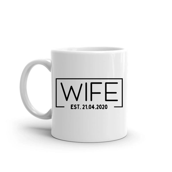 White mug with 'WIFE EST. 21.04.2020' text on a white background