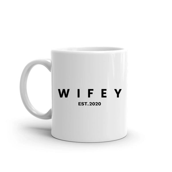 White mug with 'WIFEY EST. 2020' text on a white background
