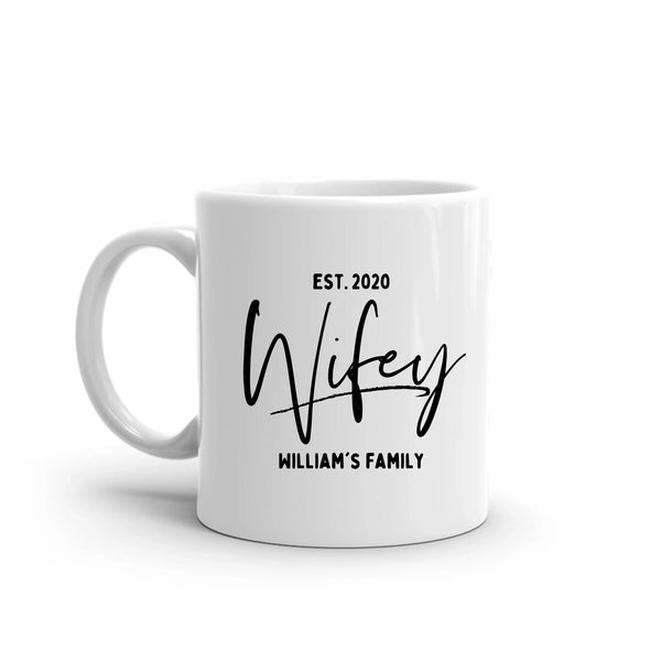 White mug with 'Wifey' and 'EST. 2020' text on a white background