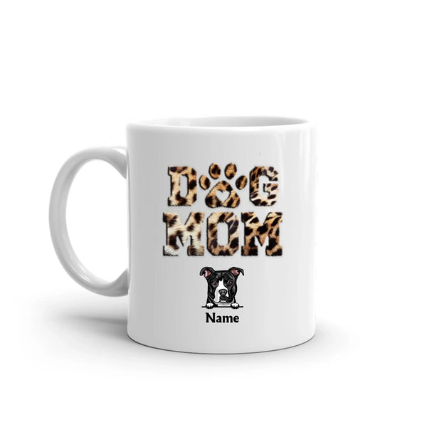 White mug with 'Dog Mom' text in leopard print and a bulldog icon on a white background