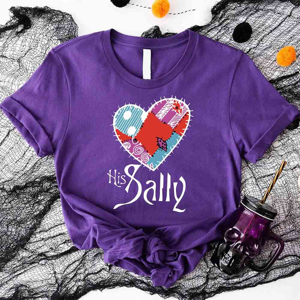 May include matching couple shirts with gothic heart designs, one with text ‘Her Jack’ featuring Jack-inspired design, and the other with text ‘His Sally’ featuring patchwork heart design – spooky couples apparel.