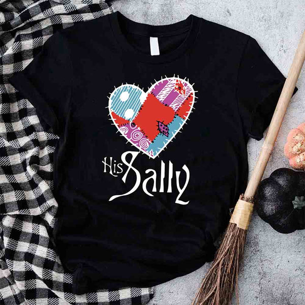 May include matching couple shirts with gothic heart designs, one with text ‘Her Jack’ featuring Jack-inspired design, and the other with text ‘His Sally’ featuring patchwork heart design – spooky couples apparel.