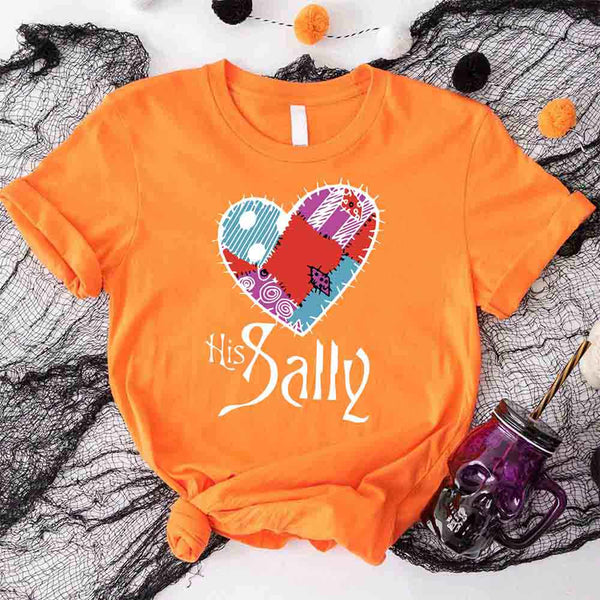 May include matching couple shirts with gothic heart designs, one with text ‘Her Jack’ featuring Jack-inspired design, and the other with text ‘His Sally’ featuring patchwork heart design – spooky couples apparel.