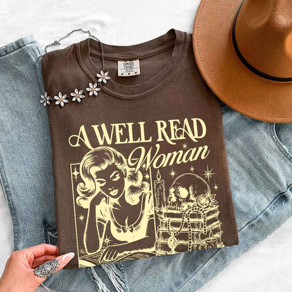 May include A Well Read Woman Comfort Colors t-shirt with literary graphic, relaxed unisex fit, and garment-dyed cotton