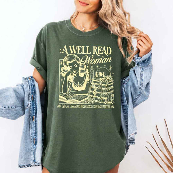 May include A Well Read Woman Comfort Colors t-shirt with literary graphic, relaxed unisex fit, and garment-dyed cotton