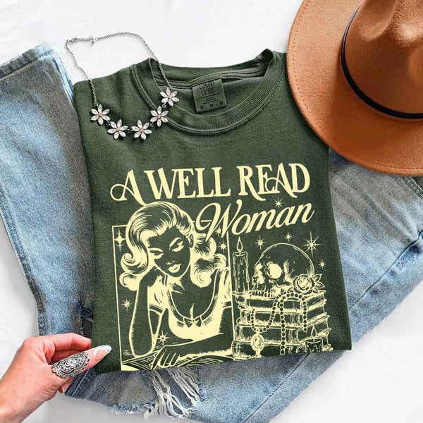 May include A Well Read Woman Comfort Colors t-shirt with literary graphic, relaxed unisex fit, and garment-dyed cotton