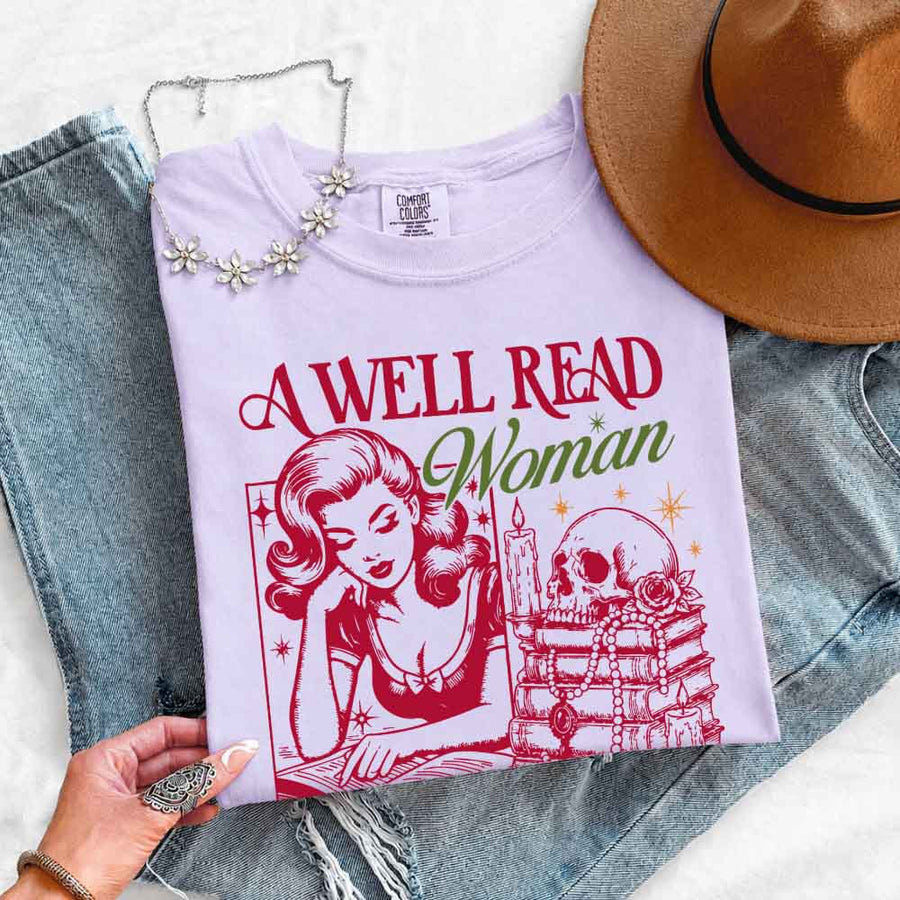 May include A Well Read Woman Comfort Colors t-shirt with literary graphic, relaxed unisex fit, and garment-dyed cotton
