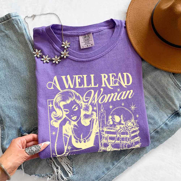May include A Well Read Woman Comfort Colors t-shirt with literary graphic, relaxed unisex fit, and garment-dyed cotton