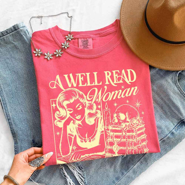 May include A Well Read Woman Comfort Colors t-shirt with literary graphic, relaxed unisex fit, and garment-dyed cotton