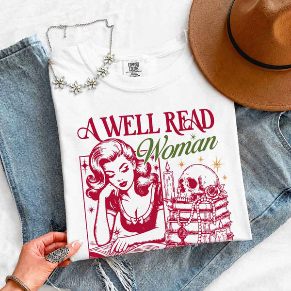 May include A Well Read Woman Comfort Colors t-shirt with literary graphic, relaxed unisex fit, and garment-dyed cotton
