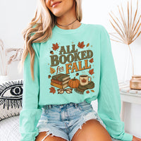 May include All Booked for Fall Comfort Colors long sleeve with book lover graphic, relaxed unisex fit, and garment-dyed cotton