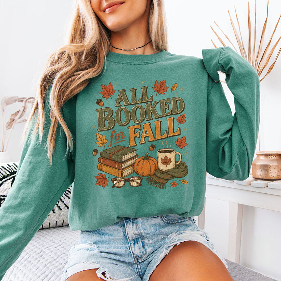 May include All Booked for Fall Comfort Colors long sleeve with book lover graphic, relaxed unisex fit, and garment-dyed cotton