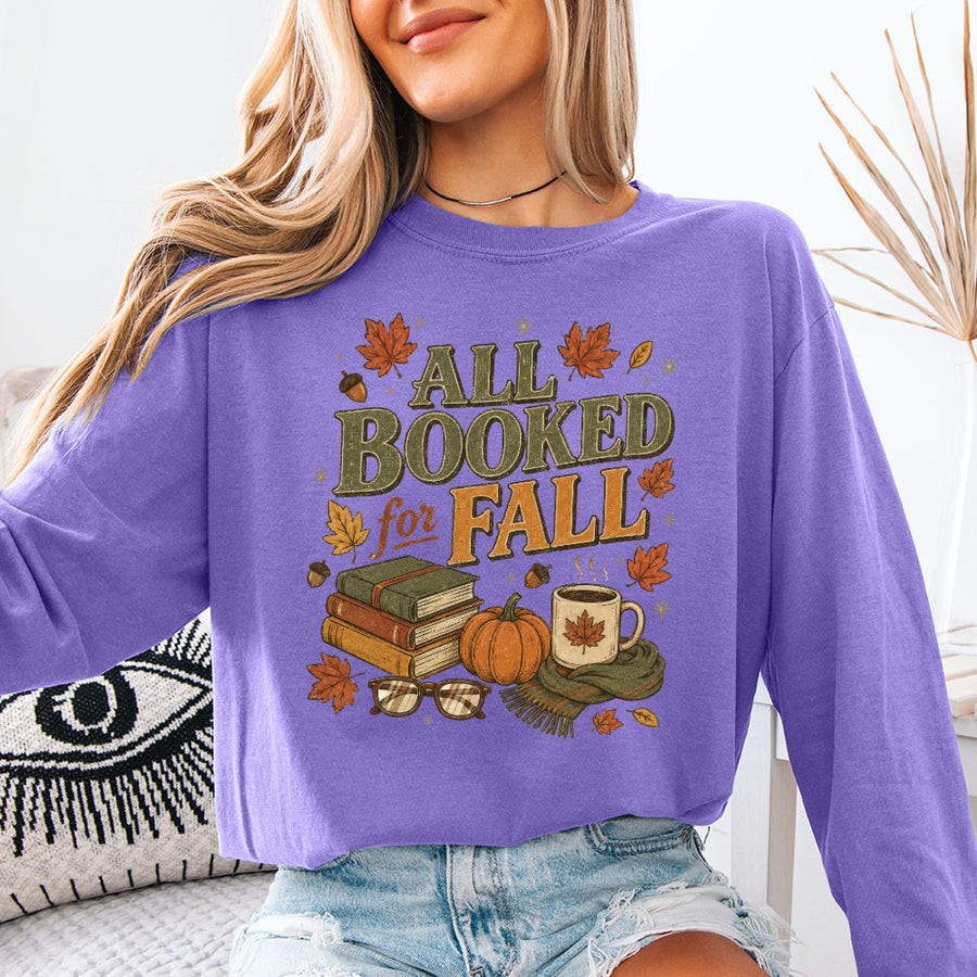 May include All Booked for Fall Comfort Colors long sleeve with book lover graphic, relaxed unisex fit, and garment-dyed cotton